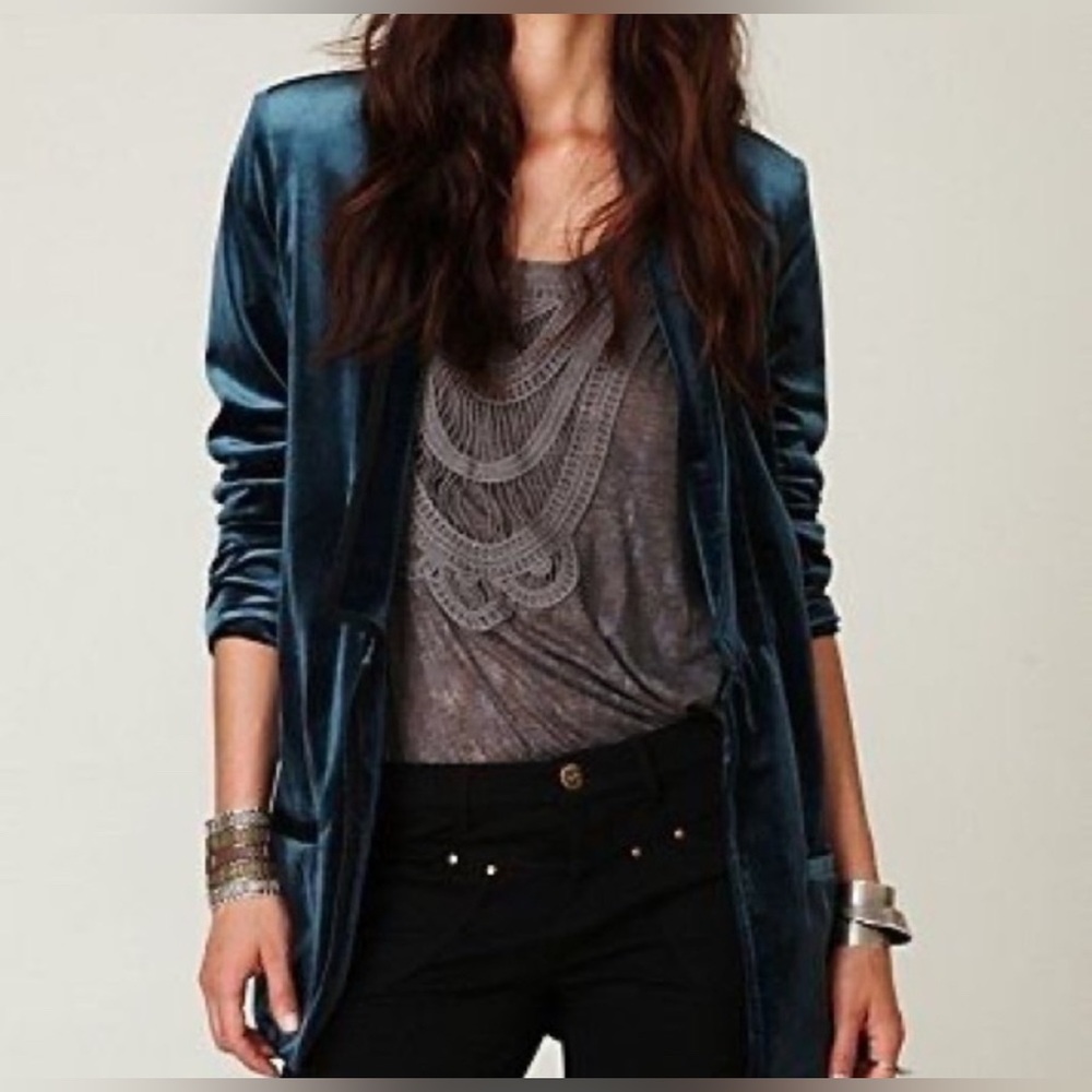NWT One Teaspoon Blue Velvet Long Line Open Front Blazer Size M